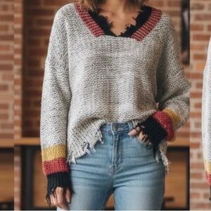 Vintage Havana V-Neck Sweater - Black, Red, Yellow Accents